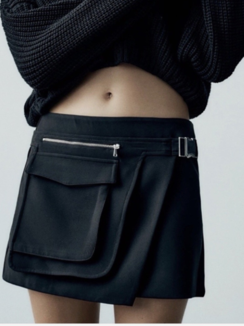 Zara Women's L Black Asymmetric Pocket Cargo Mini Skirt Buckle Zipper 7385/534